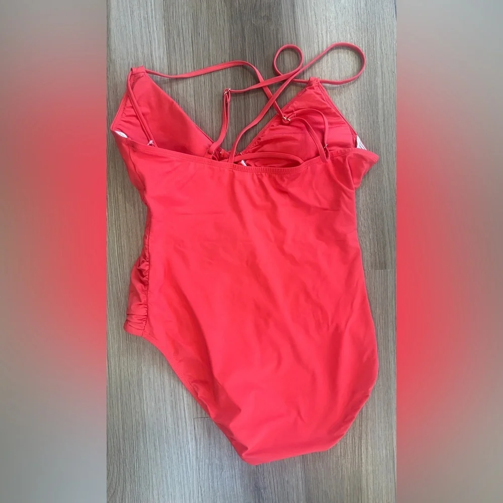 La Blanca Flattering Island Goddess Lace-Up One-Piece Swimsuit Guava Size 14 - Picture 7 of 8